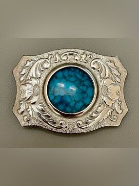 VTG Chambers Belt Co. Western Buckle, Silver Color w/Removable Turquoise Center